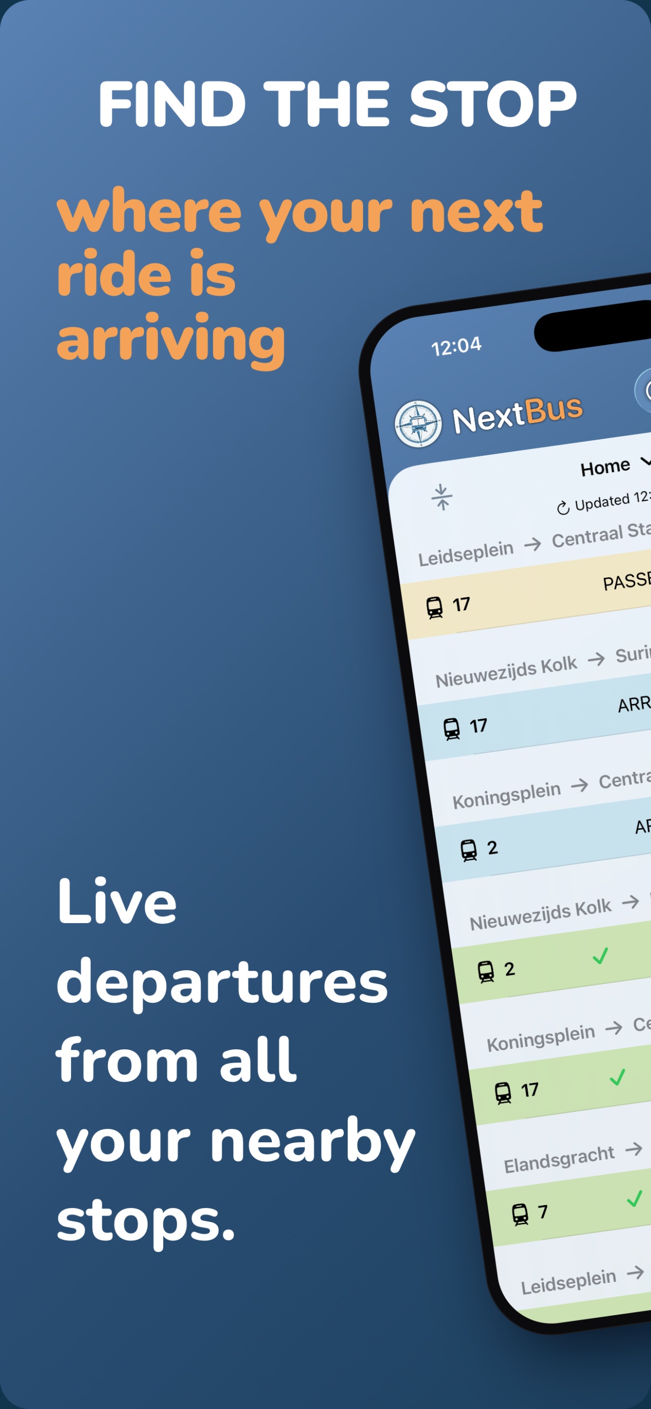 NextBus showing live departures from several nearby stops in a colour-coded list.