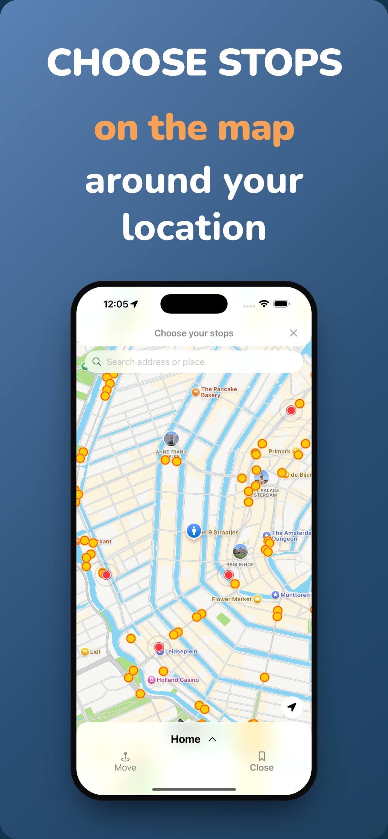 A map around the user's location with selectable bus stops and an address search field.