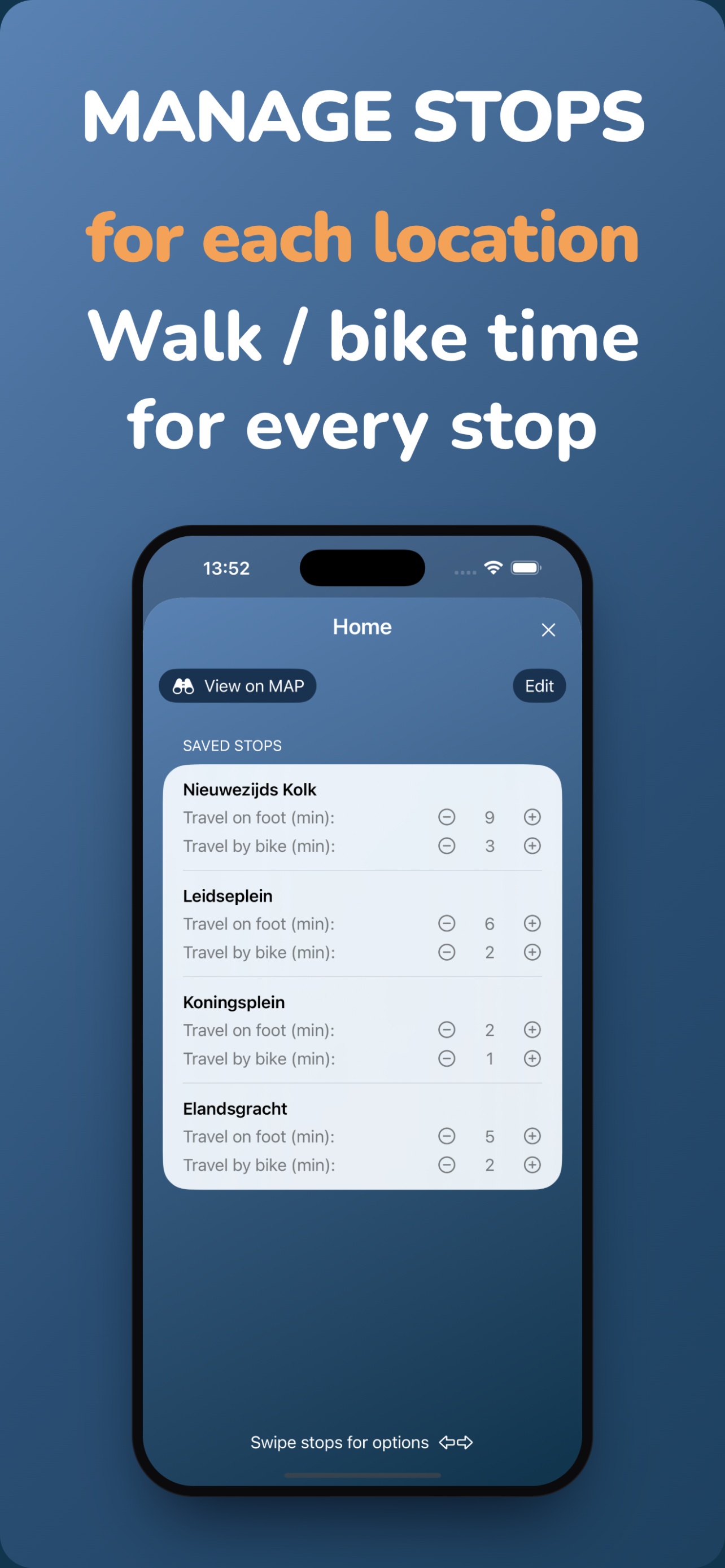 A list of saved stops for a location with walking and biking times per stop.