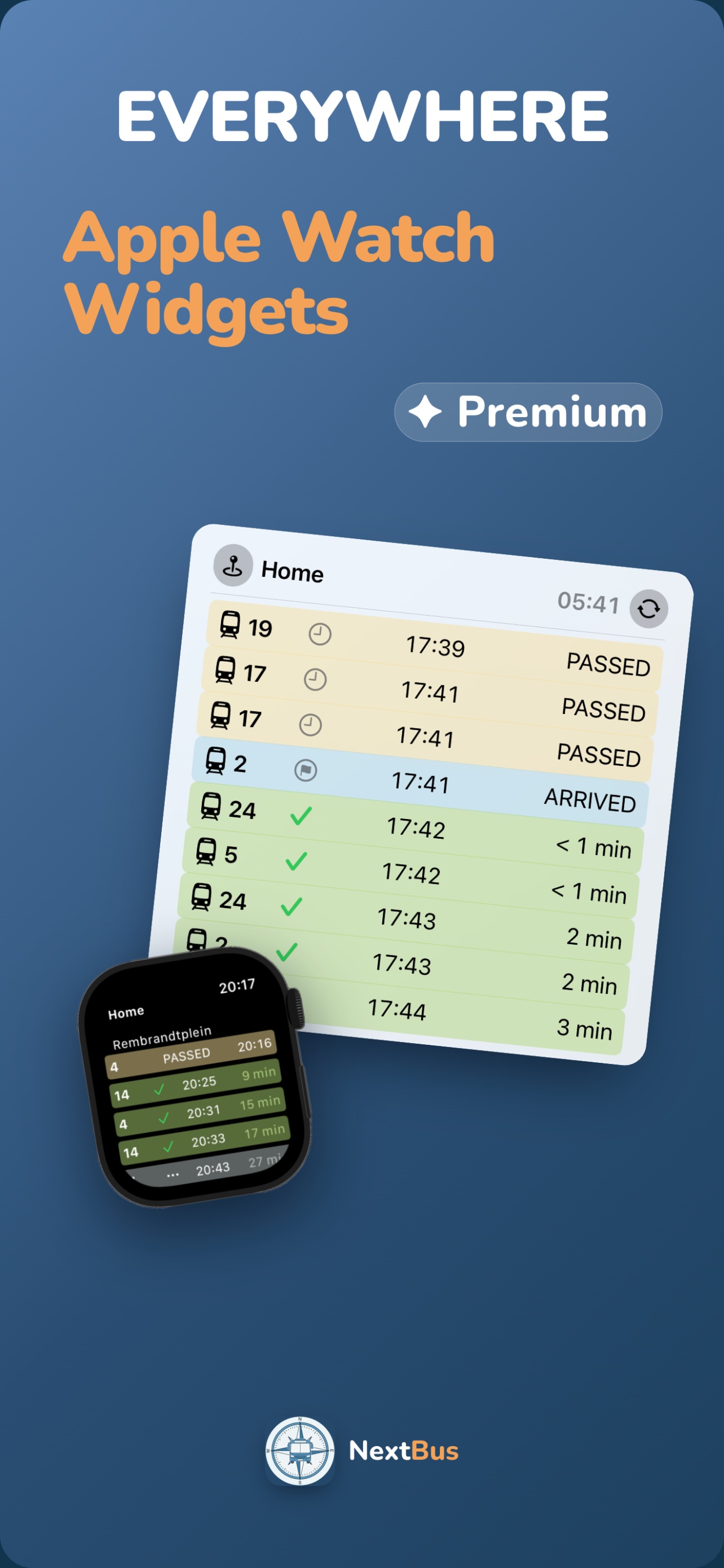 An Apple Watch and a Home Screen widget both showing NextBus departures.
