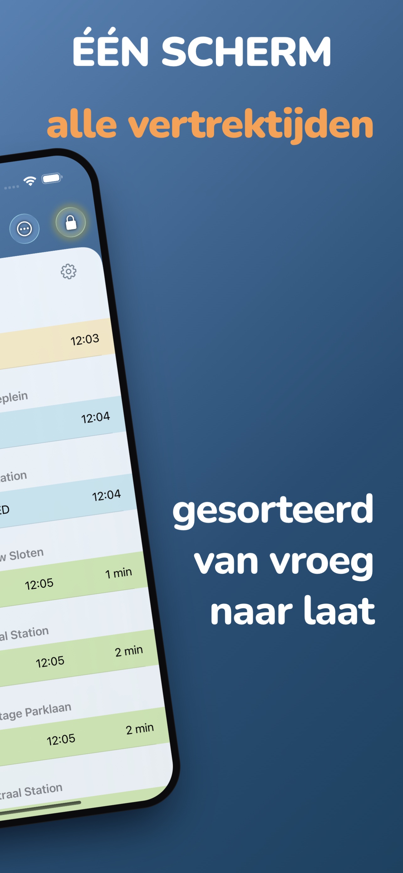 Eén scherm met alle vertrektijden gesorteerd op tijd.