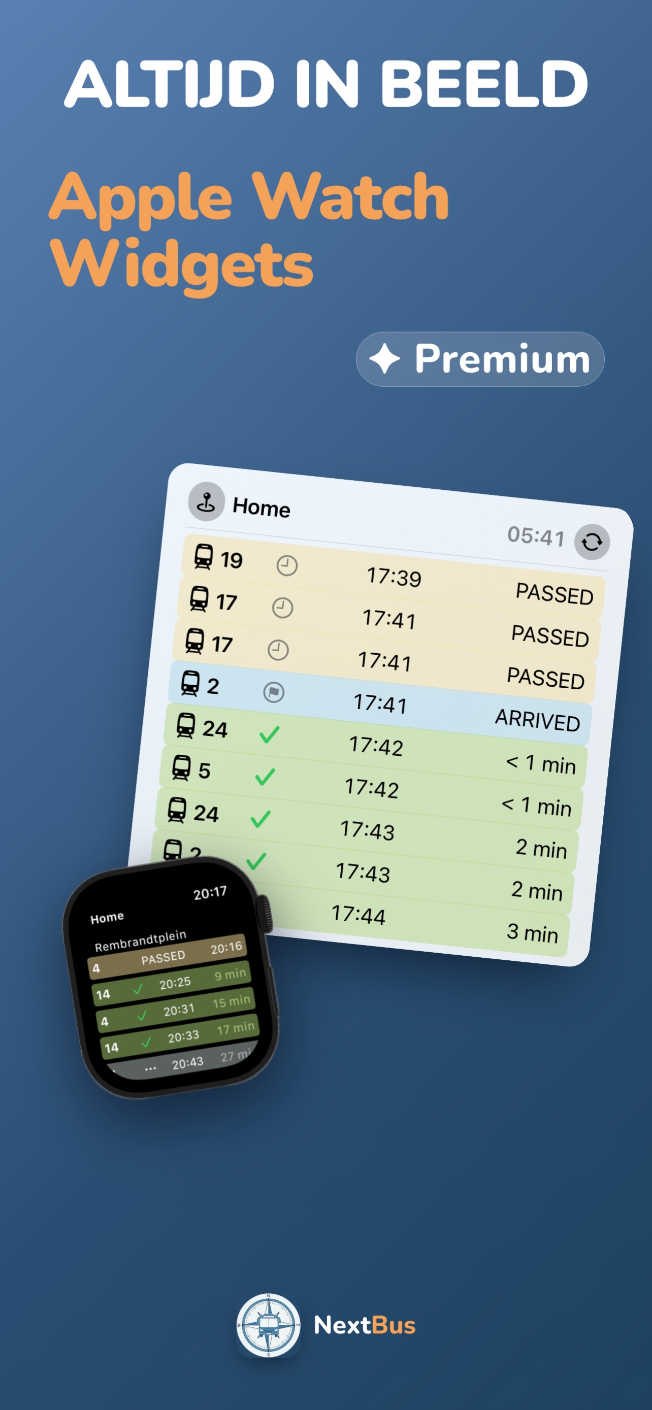 Een Apple Watch en een widget op het beginscherm tonen beide NextBus-vertrektijden.